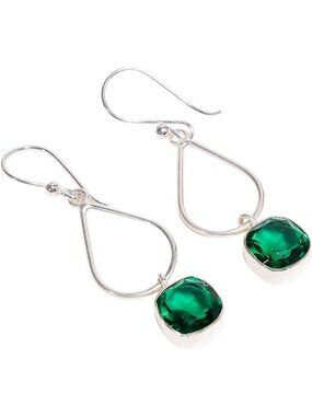 Chrome Diopside Cushion Cut Natural Gemstone Dangle Earrings 10x10mm 925 Silver